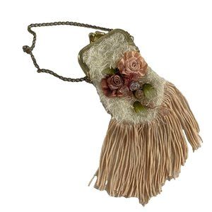 Small Kiss Lock Handed Coin Purse Fringe Cream Pink Flowers 7" Retro Style